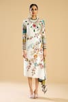 Rajdeep Ranawat_Ivory Silk Print Gardenia Closed High Neck Embellished Midi Dress _Online_at_Aza_Fashions