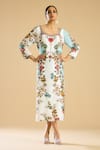 Buy_Rajdeep Ranawat_Ivory Silk Print Persian Blossom Semi Round Neck And Embellished A Line Dress _at_Aza_Fashions