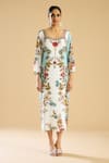 Rajdeep Ranawat_Ivory Silk Print Persian Blossom Semi Round Neck And Embellished A Line Dress _Online_at_Aza_Fashions