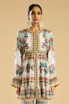 Rajdeep Ranawat_Ivory Silk Print Boho Flora Round Neck Embellished Tunic _at_Aza_Fashions