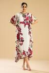 Buy_Rajdeep Ranawat_Ivory Silk Print Florence Round Neck Side Frill Midi Dress _at_Aza_Fashions