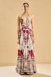 Rajdeep Ranawat_Ivory Silk Print Rosa Fleur Halter Plunging V Neck Maxi Dress _Online_at_Aza_Fashions