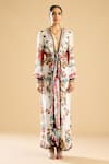 Rajdeep Ranawat_Ivory Silk Print Vintage Fleur Plunging V Neck And Embellished Wrap Maxi Dress _Online_at_Aza_Fashions