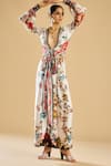 Rajdeep Ranawat_Ivory Silk Print Vintage Fleur Plunging V Neck And Embellished Wrap Maxi Dress _at_Aza_Fashions