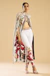 Rajdeep Ranawat_Ivory Silk Print French Bloom Band Collar And Embellished Front Open Cape _at_Aza_Fashions