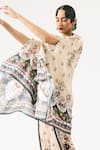 Rajdeep Ranawat_Beige Silk Printed Floral V Neck Chloe Asymmetric Cape _at_Aza_Fashions