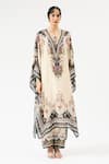 Rajdeep Ranawat_Beige Silk Printed Floral V Neck Gufrina Embroidered Neckline Kaftan _Online_at_Aza_Fashions