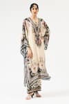 Buy_Rajdeep Ranawat_Beige Silk Printed Floral V Neck Gufrina Embroidered Neckline Kaftan _Online_at_Aza_Fashions