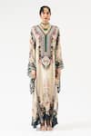 Rajdeep Ranawat_Beige Silk Printed Floral V Neck Beatrice Embroidered Kaftan _Online_at_Aza_Fashions