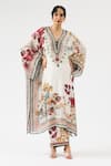 Buy_Rajdeep Ranawat_Ivory Silk Printed Floral V Neck Gufrina Bead Work Kaftan _at_Aza_Fashions