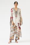 Buy_Rajdeep Ranawat_Ivory Silk Printed Floral V Neck Gufrina Bead Work Kaftan _Online_at_Aza_Fashions