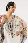 Rajdeep Ranawat_Ivory Silk Printed Floral V Neck Gufrina Bead Work Kaftan _at_Aza_Fashions