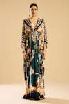 Rajdeep Ranawat_Green Silk Printed Floral Plunging V Imama Kaftan _Online_at_Aza_Fashions