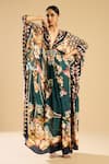 Shop_Rajdeep Ranawat_Green Silk Printed Floral Plunging V Imama Kaftan _Online_at_Aza_Fashions