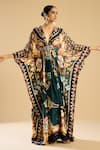 Rajdeep Ranawat_Green Silk Printed Floral Plunging V Imama Kaftan _at_Aza_Fashions