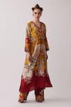 Buy_Rajdeep Ranawat_Red Silk Printed Floral V Neck Banno Kaftan _at_Aza_Fashions