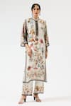 Buy_Rajdeep Ranawat_Grey Silk Printed Floral Band Collar Ghazala Kurta _at_Aza_Fashions