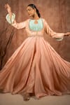 Shreeka_Peach Satin Organza Embroidered Dabka Keyhole Slit Anarkali Pant Set _Online_at_Aza_Fashions