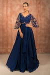 Buy_Shreeka_Blue Georgette Embroidered Zari V-neck Floral Dabka Asymmetric Gown _at_Aza_Fashions