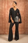 Buy_Shreeka_Black Satin Embroidered Applique Lotus Embellished Jacket With Boot-cut Pant _at_Aza_Fashions