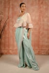 Shreeka_Pink Satin Organza Embroidered Dori Cape Floral Applique Pant Saree Set _Online_at_Aza_Fashions