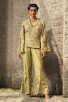 Buy_Shreeka_Green Organza Embroidered Applique Floral Geometric Jacket With Flared Pant _at_Aza_Fashions