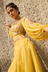 Shreeka_Yellow Organza Embroidered Applique Floral Cut-out Blouse With Sharara _at_Aza_Fashions