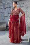 Buy_Shreeka_Red Georgette Embroidered 3d V-neck Floral Applique Peplum Kurta With Sharara _at_Aza_Fashions