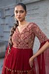 Shop_Shreeka_Red Georgette Embroidered 3d V-neck Floral Applique Peplum Kurta With Sharara _at_Aza_Fashions