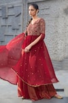 Buy_Shreeka_Red Georgette Embroidered 3d V-neck Floral Applique Peplum Kurta With Sharara _Online_at_Aza_Fashions