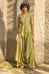 Buy_Shreeka_Green Striped Chanderi Zari Dapka Asymmetric Peplum Kurta With Flowy Pant _at_Aza_Fashions