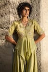 Shreeka_Green Striped Chanderi Zari Dapka Asymmetric Peplum Kurta With Flowy Pant _Online_at_Aza_Fashions