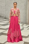 Buy_Shreeka_Pink Raw Silk Embroidered 3d Jacket Open Floral Bird Layered Lehenga Set _at_Aza_Fashions