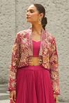 Shreeka_Pink Raw Silk Embroidered 3d Jacket Open Floral Bird Layered Lehenga Set _Online_at_Aza_Fashions