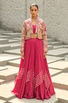 Buy_Shreeka_Pink Raw Silk Embroidered 3d Jacket Open Floral Bird Layered Lehenga Set _Online_at_Aza_Fashions