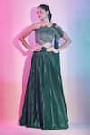 Buy_Amit Aggarwal_Emerald Green Satin Crepe Pleated Lehenga With Floral Structured Draped Blouse _at_Aza_Fashions