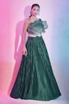 Amit Aggarwal_Emerald Green Satin Crepe Pleated Lehenga With Floral Structured Draped Blouse _at_Aza_Fashions