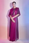 Buy_Amit Aggarwal_Purple Satin Chiffon Embellished Round Front Pleated Kaftan Dress _Online_at_Aza_Fashions