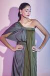 Shop Amit Aggarwal Green Satin, Chiffon One Shoulder Draped Color Block Dress Online at Aza Fashions Shop_Amit Aggarwal_Green Satin, Chiffon One Shoulder Draped Color Block Dress _Online_at_Aza_Fashions