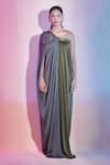 Buy Amit Aggarwal Green Satin, Chiffon One Shoulder Draped Color Block Dress Buy_Amit Aggarwal_Green Satin, Chiffon One Shoulder Draped Color Block Dress