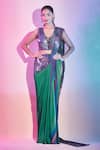 Buy_Amit Aggarwal_Green Chiffon Plunge Neck Metallic Ombre Pre-draped Saree Set _at_Aza_Fashions