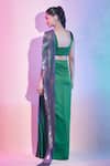 Shop_Amit Aggarwal_Green Chiffon Plunge Neck Metallic Ombre Pre-draped Saree Set _at_Aza_Fashions