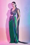 Amit Aggarwal_Green Chiffon Plunge Neck Metallic Ombre Pre-draped Saree Set _Online_at_Aza_Fashions
