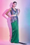 Buy_Amit Aggarwal_Green Chiffon Plunge Neck Metallic Ombre Pre-draped Saree Set _Online_at_Aza_Fashions