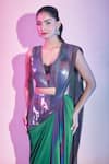 Shop_Amit Aggarwal_Green Chiffon Plunge Neck Metallic Ombre Pre-draped Saree Set _Online_at_Aza_Fashions