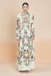 Anamika Khanna_White Printed Floral Mandarin Long Coat And Pant Set _Online_at_Aza_Fashions