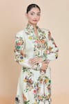 Anamika Khanna_White Printed Floral Mandarin Long Coat And Pant Set _at_Aza_Fashions