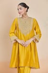 Sheetal Batra_Yellow Chanderi Silk Embroidered Flora Notched Neck Kurta And Salwar Set _at_Aza_Fashions