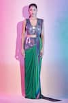 Amit Aggarwal_Green Chiffon Plunge Neck Metallic Ombre Pre-draped Saree Set _at_Aza_Fashions
