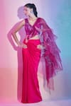 Buy_Amit Aggarwal_Fuchsia Satin Embellished Plunged Metallic Ruffle Pre-draped Saree With Blouse _at_Aza_Fashions